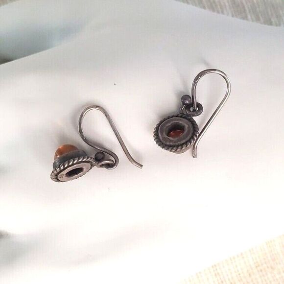 Amber Sterling 925 Silver Earrings Small Circle Drop Jewelry - Picture 3 of 6